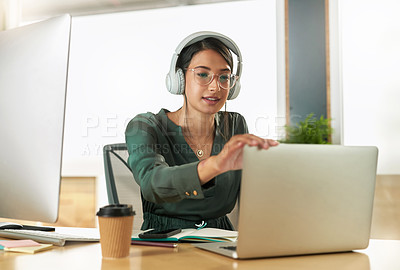 Buy stock photo Virtual meeting, business woman and laptop with video call with headphones and pc. Worker, working and female employee with webinar at a company with computer and digital communication at office