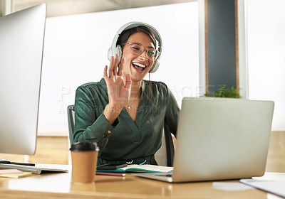 Buy stock photo Virtual meeting, business woman smile and wave on a video call with headphones and greeting. Laptop, working and employee with webinar at a company with computer and digital communication at office