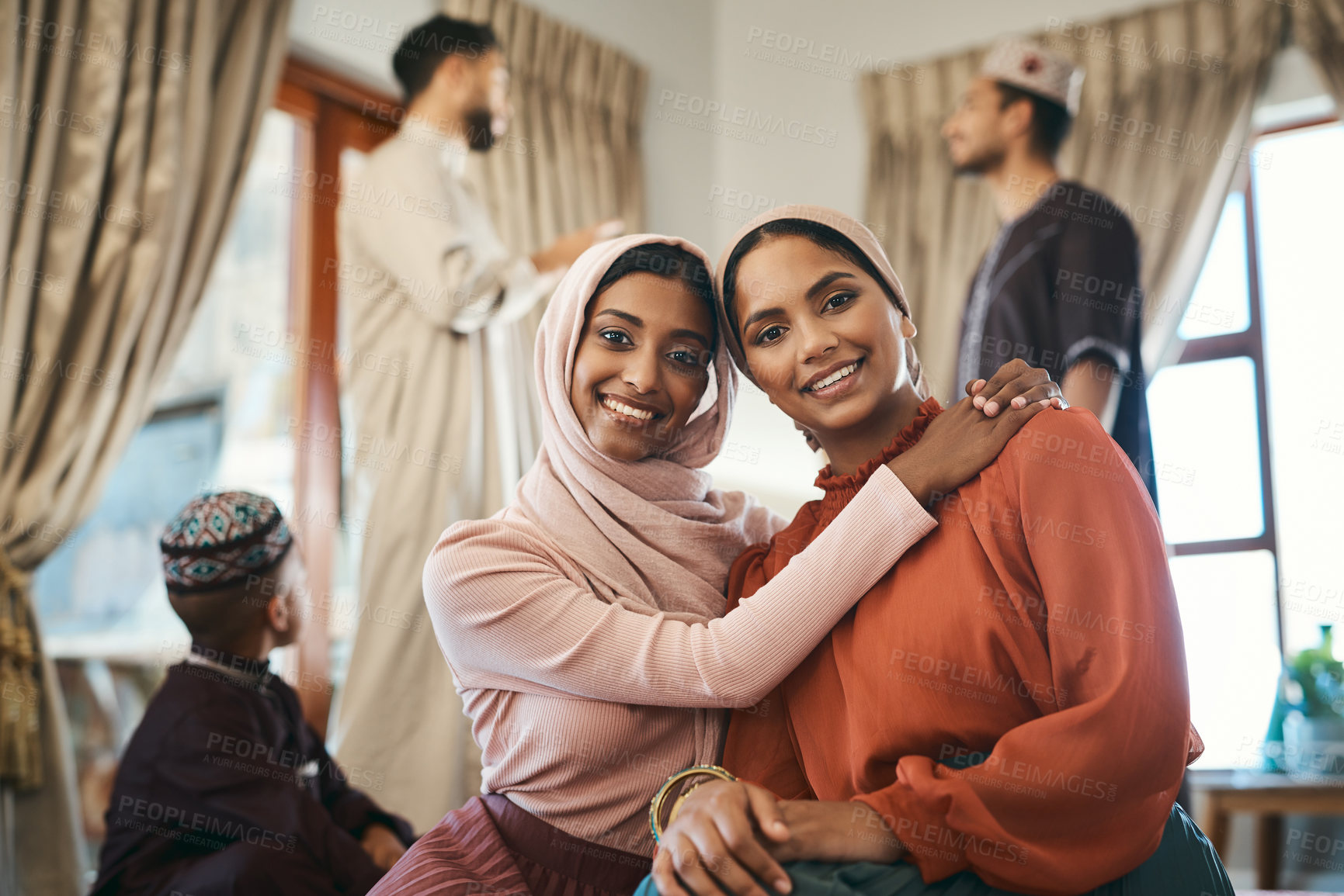 Buy stock photo Portrait, sisters and Muslim women with hijab in home, religion or gathering for festive celebration. Islamic, faith and people with smile for Ramadan, embrace and traditional clothes for culture