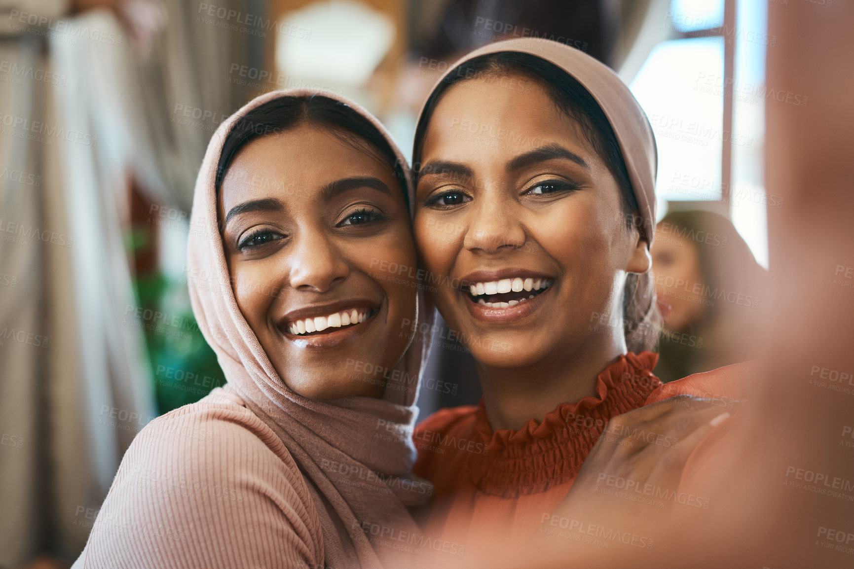 Buy stock photo Selfie, friends and Muslim women with portrait in home, profile picture update and eid celebration memory. Smile, support and Islamic people with hijab for photography, pov and social media post