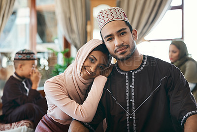 Buy stock photo Married muslim couple together with family celebrating islamic religious holiday event wishing an eid mubarak or ramadan kareem. Traditional, and cultural in love husband and wife sitting at home 