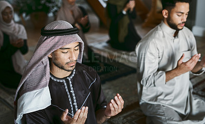 Buy stock photo Religion, Arabic and Muslim family praying, kneeling and worshipping together in an Islamic Mosque to honor and God. A religious, traditional and spiritual group of holy men on Eid Ramadan on carpets