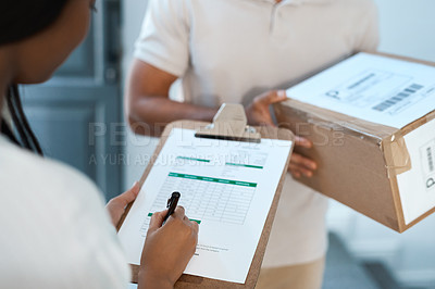 Buy stock photo Shot of an unrecognizable woman signing a form for a delivery