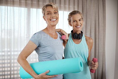 Buy stock photo Portrait of two mature women getting ready for their workout at home
