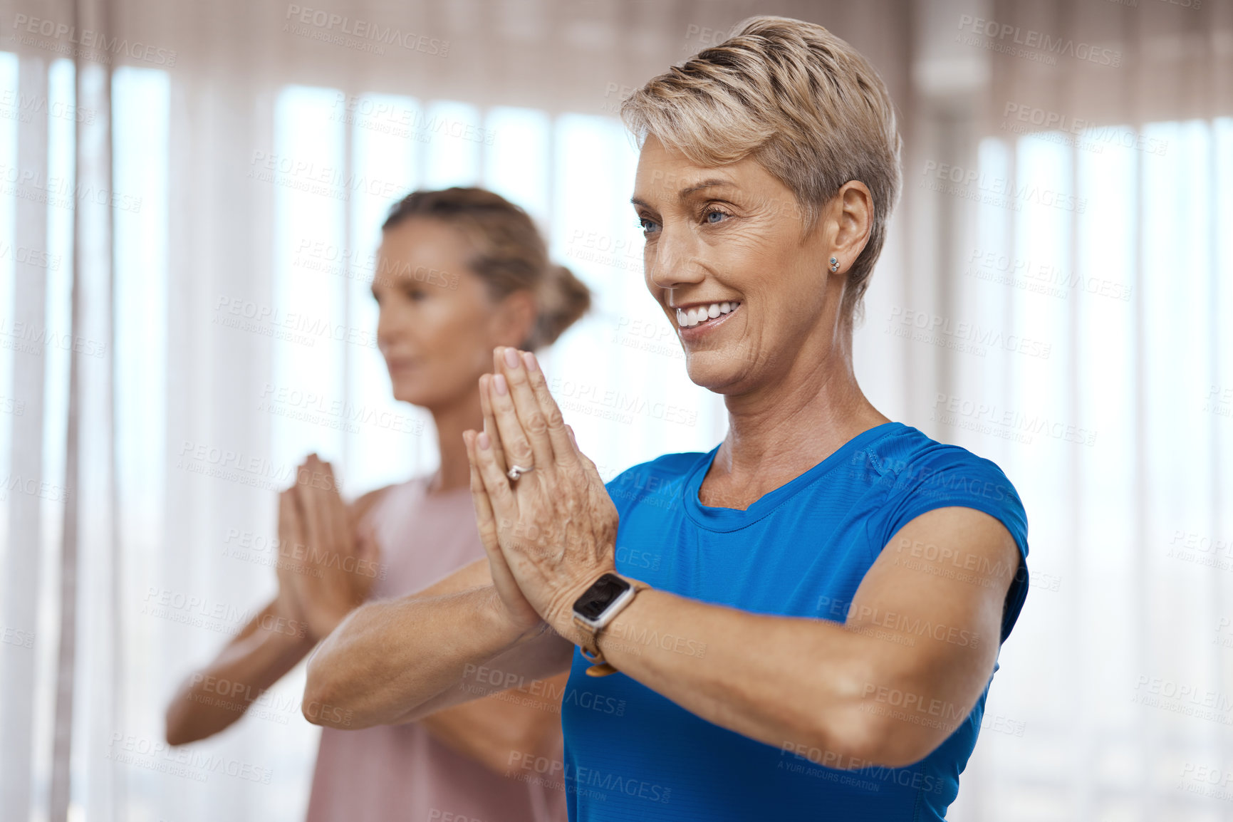 Buy stock photo Shot of two mature women exercising together at home