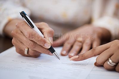 Buy stock photo Hands, pen and closeup of a woman signing a document, contract or application with an advisor. Zoom of a female person with a signature for paperwork, form or agreement with a professional lawyer.