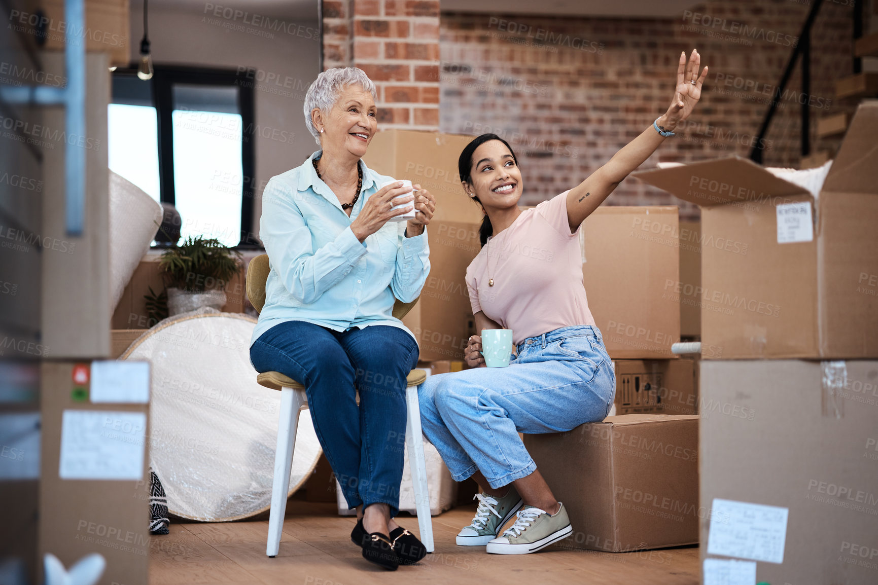 Buy stock photo Shot of a senior woman moving house with help from her daughter