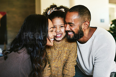 Buy stock photo Black family, love and happiness portrait with a mother, father and child together with a smile, support and hug for gratitude. Man, woman and girl daughter bonding in the lounge while happy at home