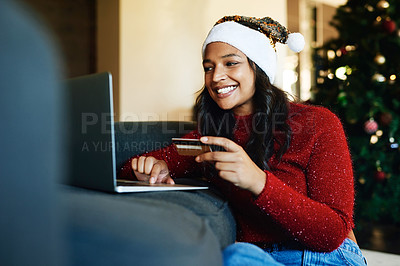 Buy stock photo Online shopping, Christmas and woman with credit card and laptop for banking on the internet from home. Finance, ecommerce and girl shopping for xmas celebration with debit card on the web with a pc