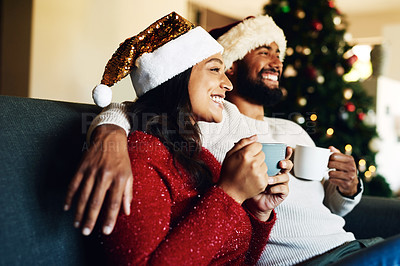 Buy stock photo Christmas, black couple and coffee or tea on sofa in living room while thinking about holiday celebration, shopping and home memory. Man and woman on couch with love, care and excited to celebrate