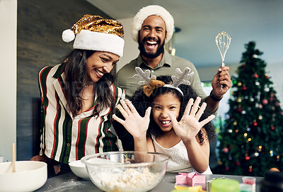 Buy stock photo Happy family, child or bonding in Christmas baking for house celebration, Portugal home dessert or social gathering meal. Smile portrait, xmas girl or cooking hands and happy mother or festive father