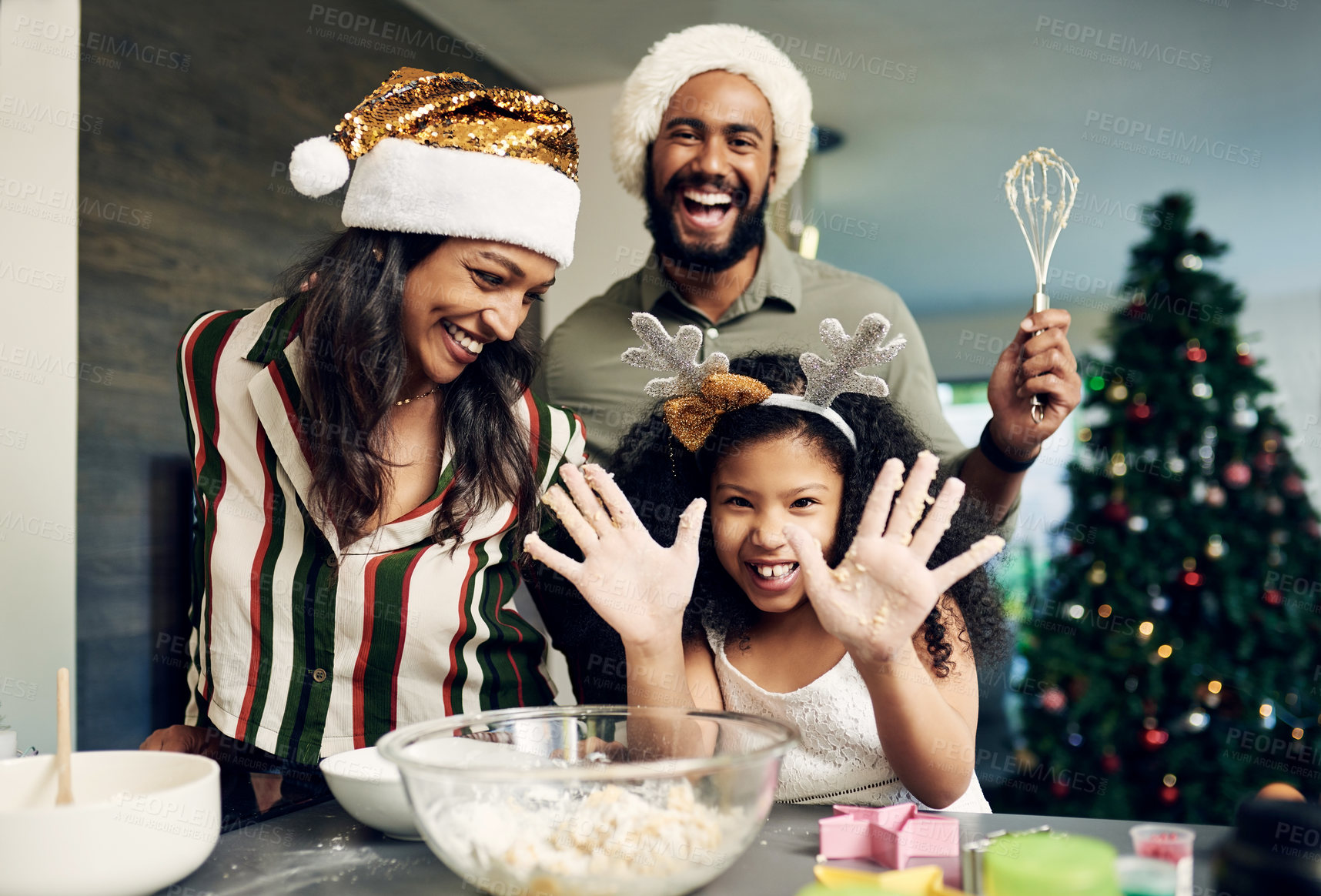 Buy stock photo Happy family, child or bonding in Christmas baking for house celebration, Portugal home dessert or social gathering meal. Smile portrait, xmas girl or cooking hands and happy mother or festive father