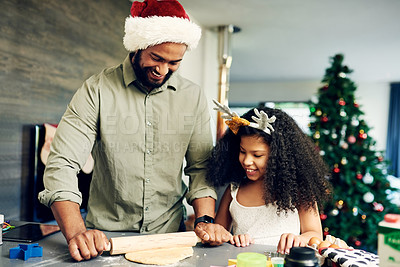 Buy stock photo Bonding father, girl or Christmas baking rolling pin in house or home kitchen for festive breakfast, holiday dessert or celebration pie. Smile, happy or xmas man and cooking child with cookies pastry
