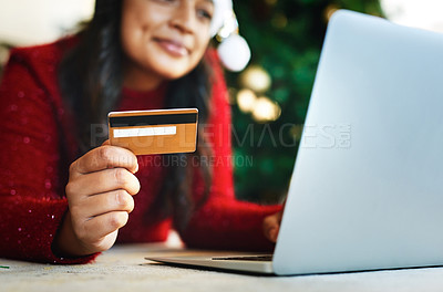 Buy stock photo Christmas, black woman and laptop ecommerce with credit card for gift, payment and celebration. Online shopping, present and purchase for festive holiday girl at home buying gifts with card.