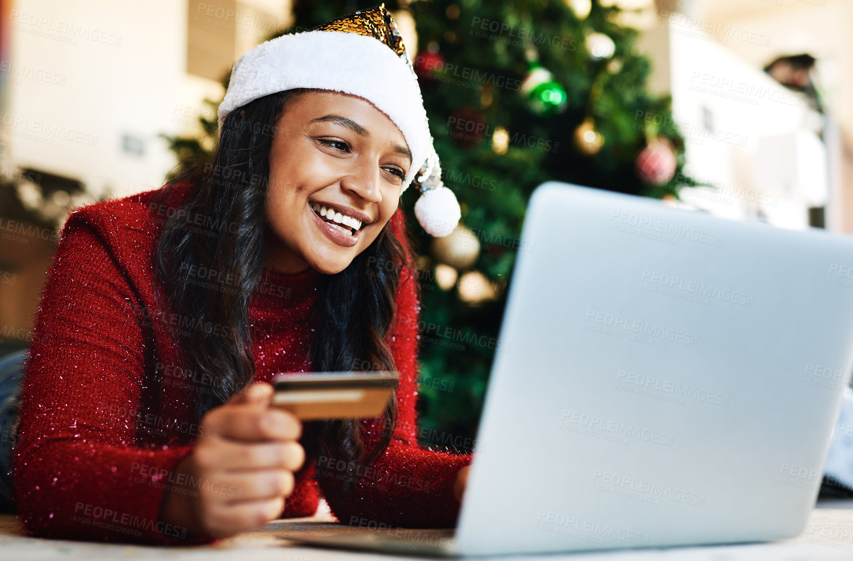 Buy stock photo Woman, laptop and credit card in ecommerce for Christmas gift or online shopping with smile at home. Happy female banking online or shopping on computer for present during joyful festive season