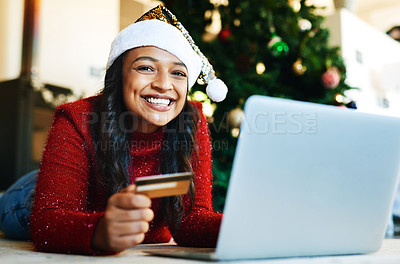 Buy stock photo Woman, christmas and online shopping, credit card and laptop for payment, buy and portrait on festive holiday in home. Xmas, happiness and portrait of female and internet banking, tech and ecommerce