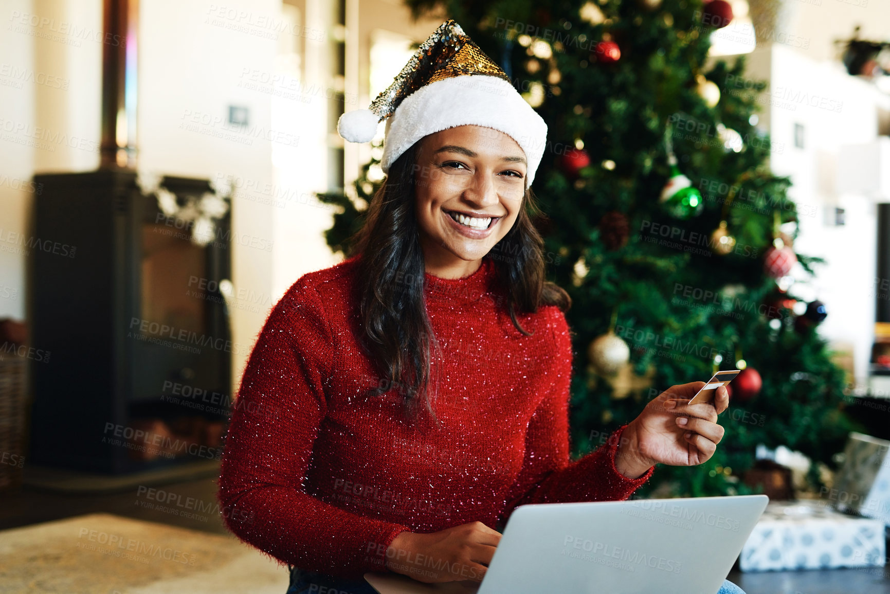 Buy stock photo Portrait, Christmas and woman with laptop use credit card for transaction, cheerful or ecommerce for festive season. Xmas, young female and device for payment, online banking, happy with the internet