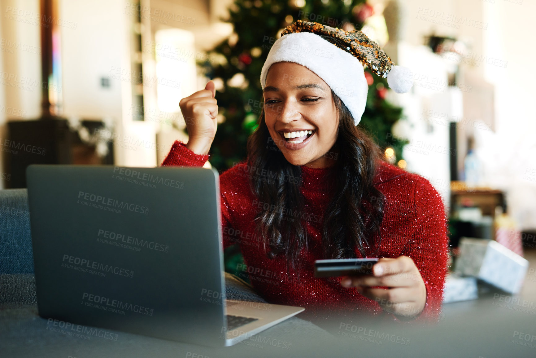 Buy stock photo Laptop, online shopping and woman celebrate Christmas, ecommerce and buying gift or xmas present. Happy, excited girl and celebrate online banking or order holiday surprise, happiness on pc at home