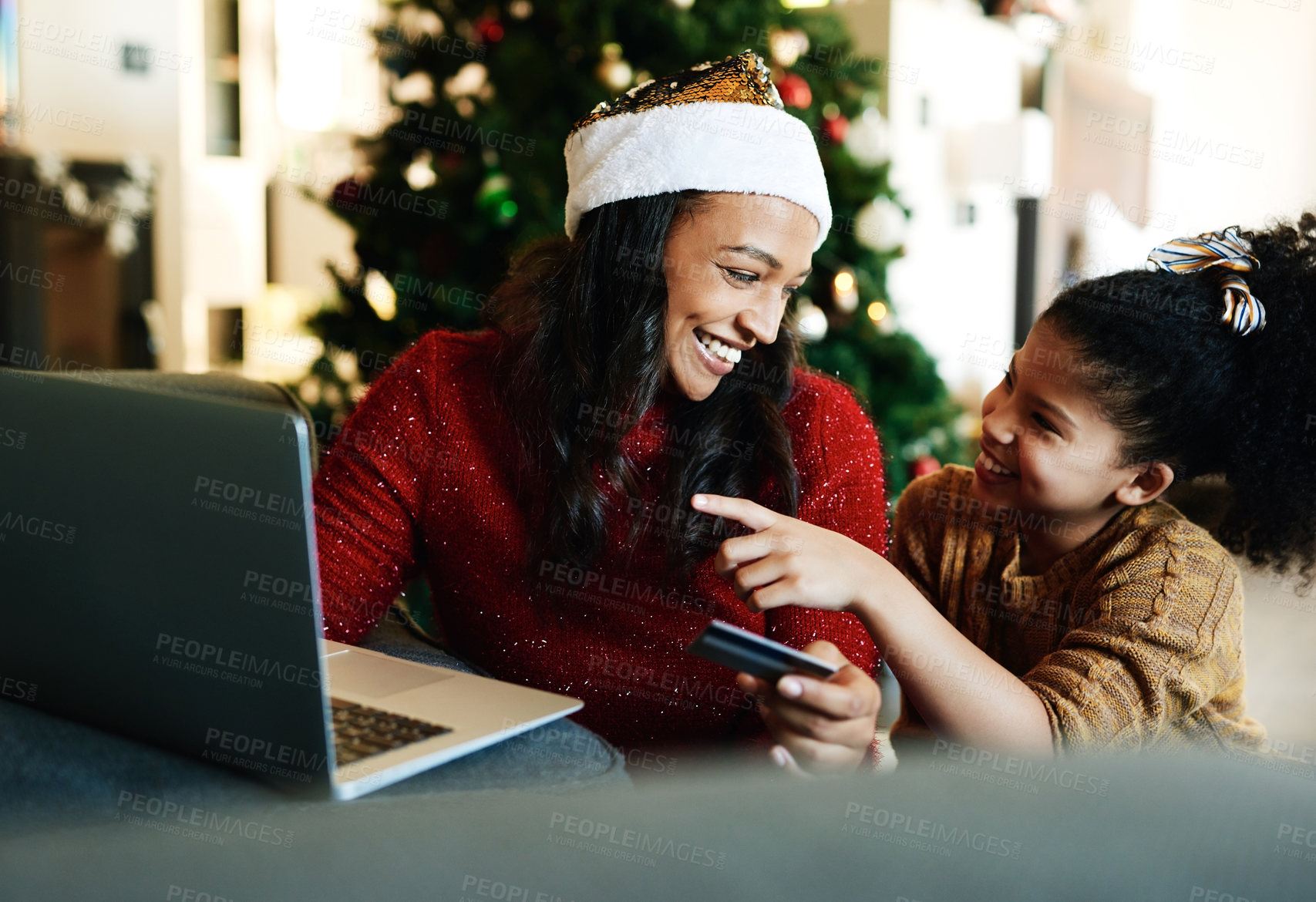 Buy stock photo Christmas, laptop and credit card with mother and girl for online shopping, gift or digital payment. Fintech, ecommerce and purchase with mom and child customer for celebration, holiday and xmas deal
