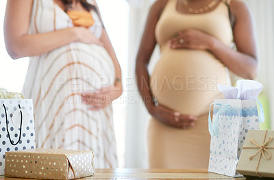 Buy stock photo Shot of two women holding their baby bumps together