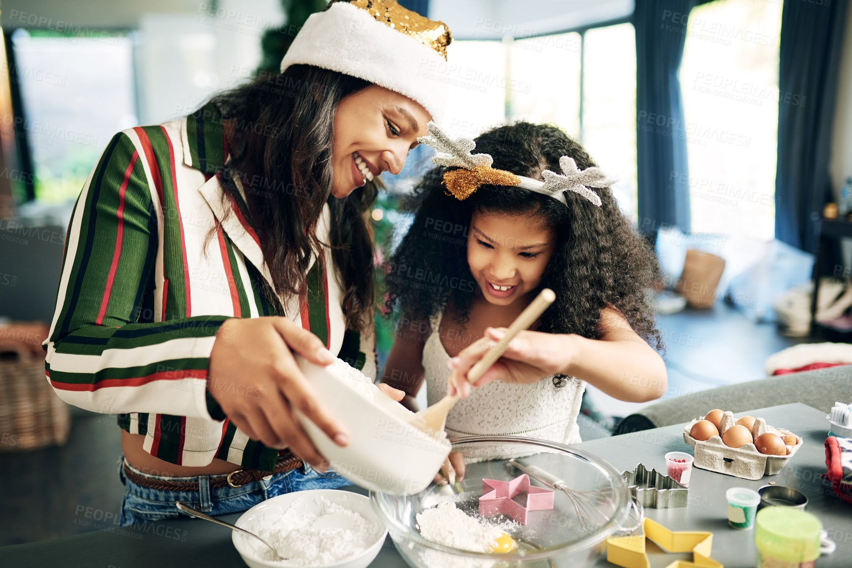 Buy stock photo Mother, child or bonding by christmas baking in house or home kitchen for festive breakfast, celebration holiday cookies or cake. Smile, happy or cooking girl and xmas woman or mom in flour food help
