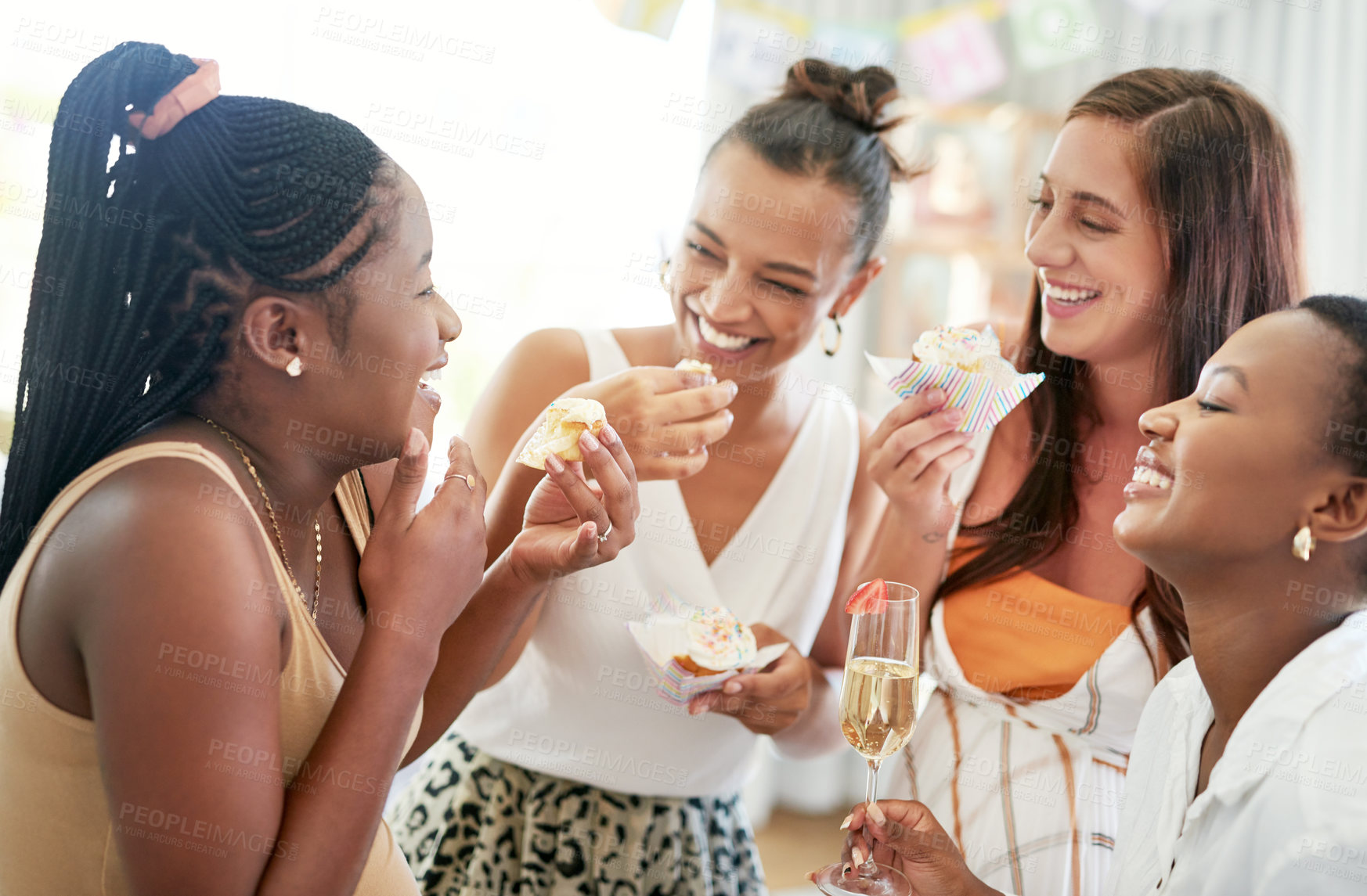 Buy stock photo Shot of a group of women eating dessert while celebrating at a friends baby shower