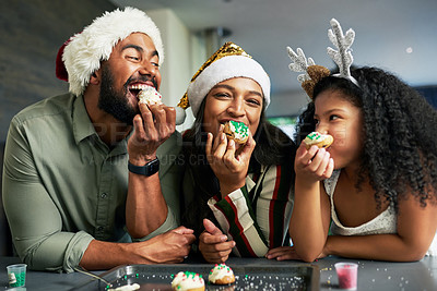 Buy stock photo Family, christmas and eating cookies together after baking and cooking for bonding and learning. Bake, cook and sweet biscuit dessert with a mother, father and daughter enjoying food snack