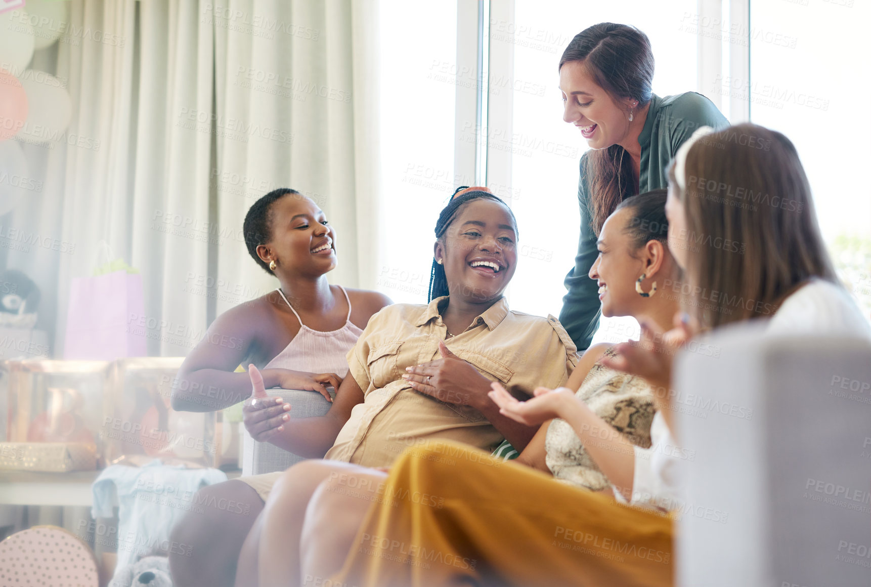 Buy stock photo Friends, discussion and pregnant woman with laugh in home, maternity celebration or bonding at party. Lounge, funny conversation or people with smile at baby shower, motherhood event or joke together