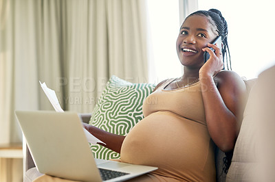 Buy stock photo Shot of a young mother to be working from home using her smartphone