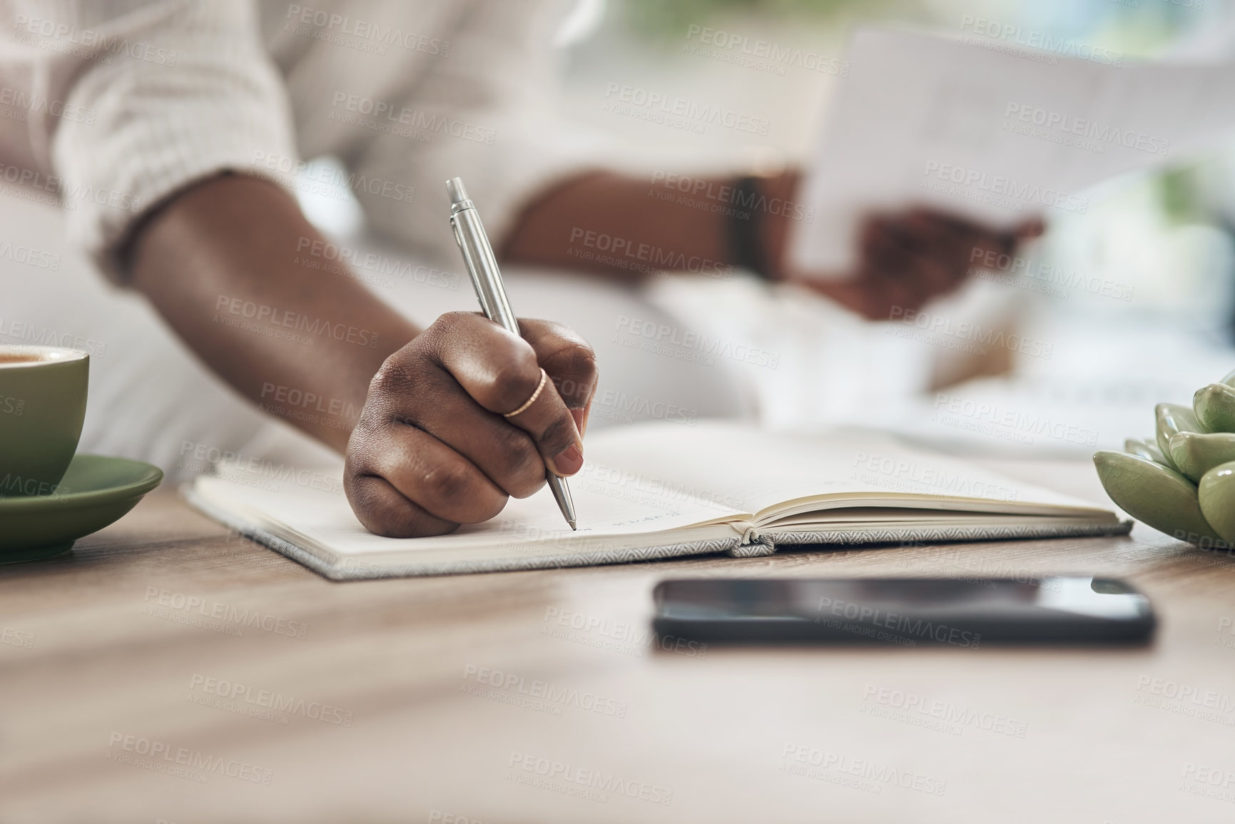 Buy stock photo Hands, woman and writing in notebook in office for bookkeeping, track workflow and tax filing. Accountant, journal and accounting notes at firm for record keeping, financial to do list and planning