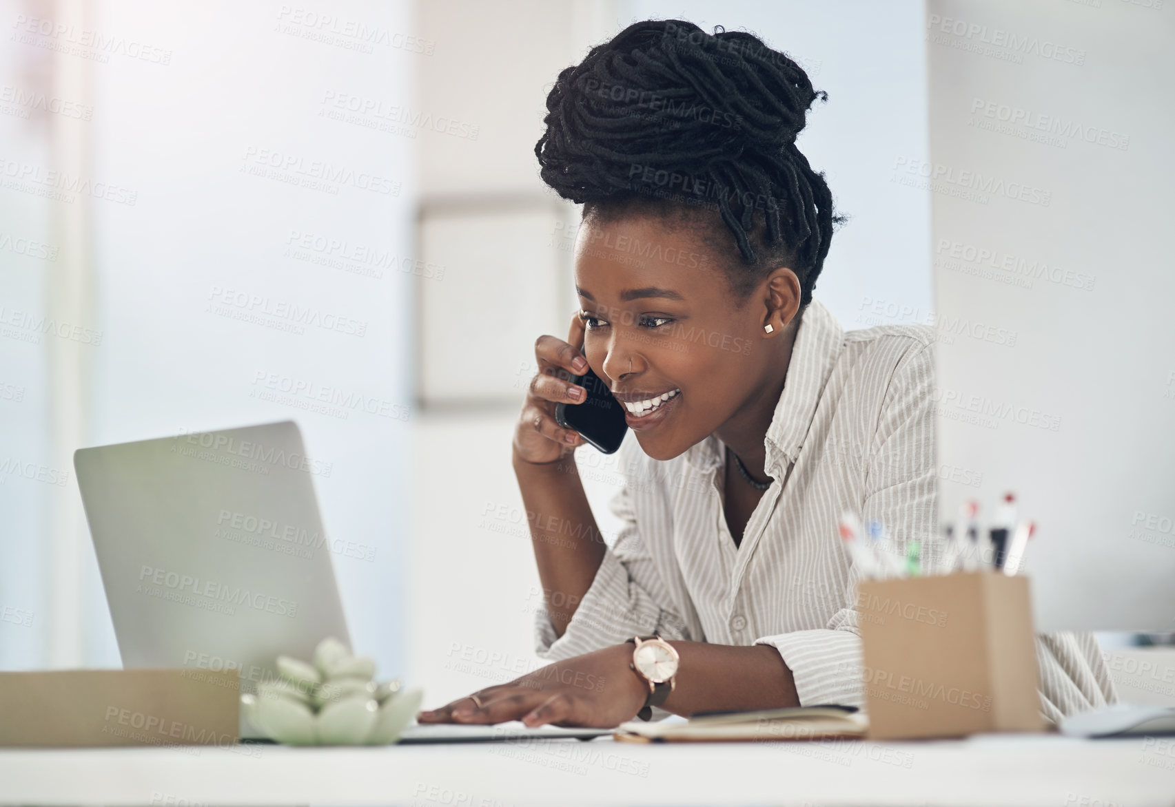 Buy stock photo Phone call, laptop and black woman in office for communication on finance project with budget. Contact, computer and African female financial manager on mobile discussion for investment proposal.