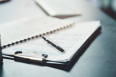 Buy stock photo Pen, paper and form or document for information, contract or life insurance application on a table. Paperwork, business files or survey on a desk in a empty office for planning, research or report
