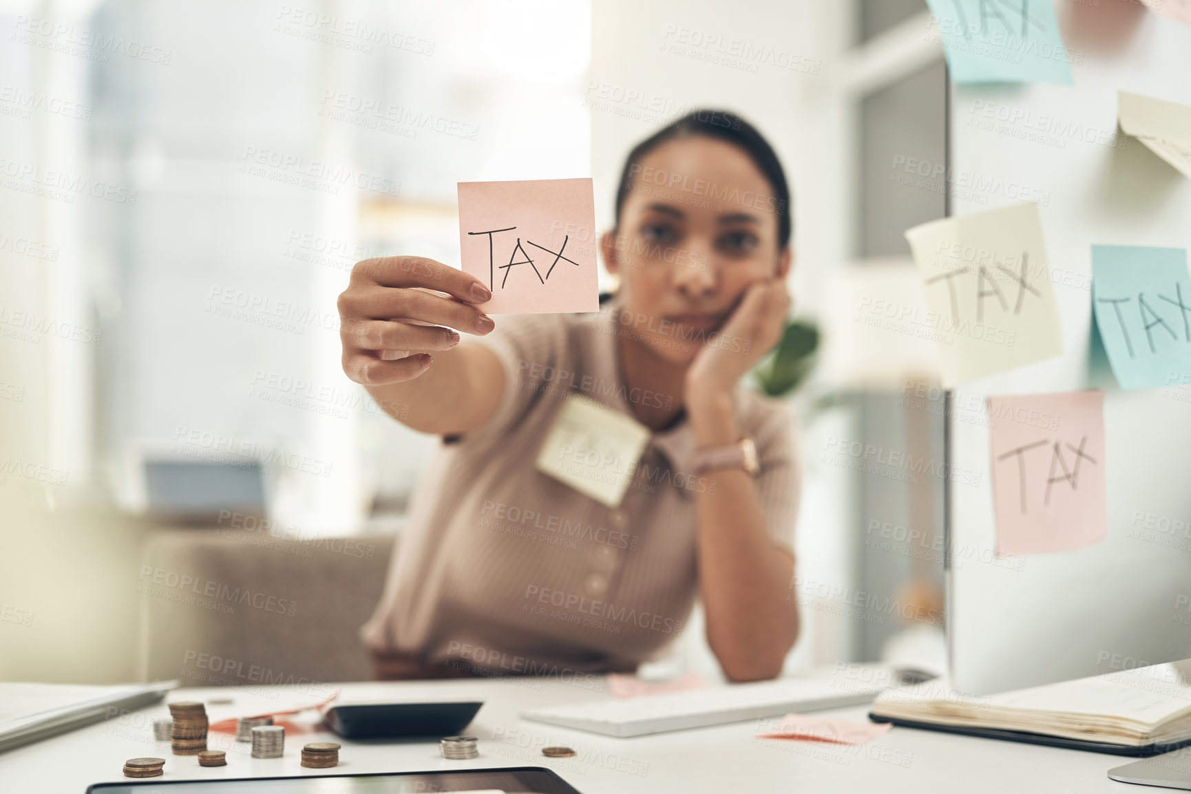 Buy stock photo Shot of a young businesswoman holding a note with 