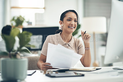 Buy stock photo Finance manager, businesswoman or financial analyst budgets on a computer with paperwork. Young smiling accountant, insurance advisor or investment planner working on tax, bills or accounting papers