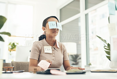 Buy stock photo Tax, audit and finance business woman sleeping, taking nap and working at a desk in an office at work. Tired, corporate and accounting employee looking stressed and dealing with financial problem