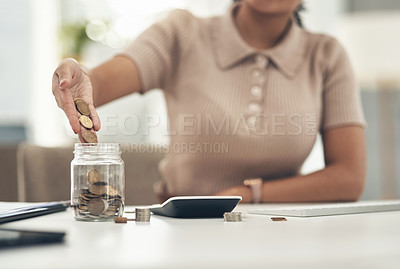 Buy stock photo Finance, planning and saving jar for investment or micro loan. Closeup of Accountant, businesswoman or bank advisor sitting at desk. Financial growth for future plans or career change.  

