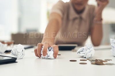 Buy stock photo Frustrated female finance, admin or bank staff employee calculating or counting money for a budget. Professional woman working, planning and crumpling paper while trying to work out a strategy plan