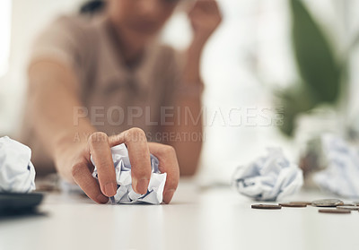 Buy stock photo Stress, anxiety and worry with crumpled paper in the hand of a author or journalist suffering with writers block. A writer struggling with finances, creativity and ideas for a new novel or book 