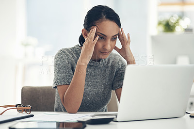 Buy stock photo Confused, stressed and anxious businesswoman with laptop suffering from a headache, pressure and agency deadline. Creative entrepreneur thinking of solution, making mistake and trying to understand 