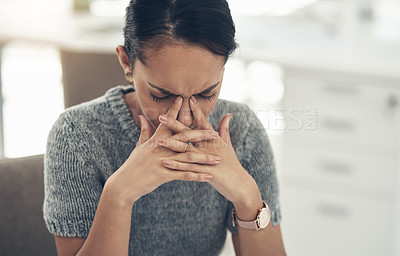 Buy stock photo Work stress, bad anxiety and job worry of a stressed female office worker with a headache. Business woman worried, tired and upset about a finance deadline with a migraine at the workplace