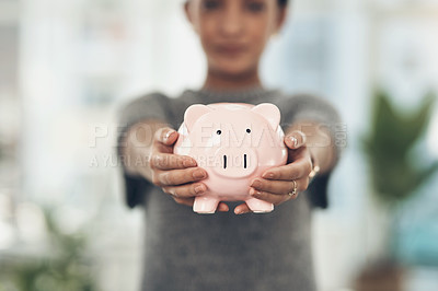 Buy stock photo Piggybank, finance and money in the hands of a woman with a mindset on the future for saving, investment and wealth. Closeup of a coin bank in hand, showing financial growth, planning and budget