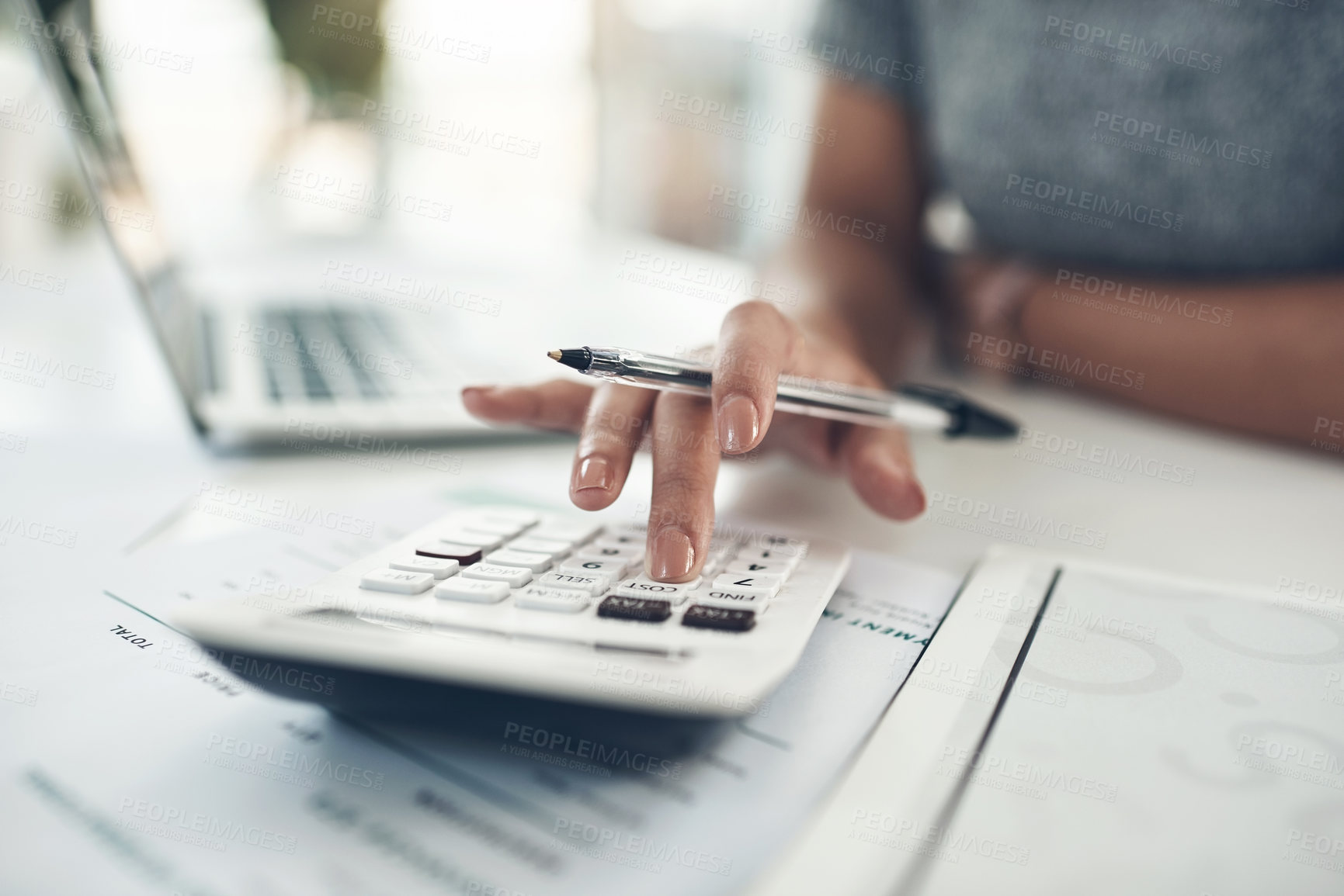 Buy stock photo Finance planning, budget or savings manager calculating expenses, taxes or company profits with laptop, paperwork or calculator. Closeup hands of female financial leader checking office staff payroll