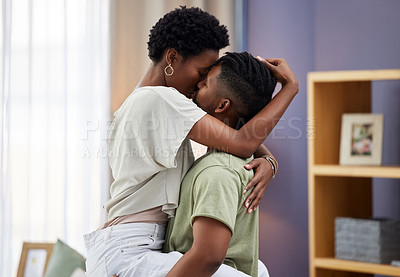 Buy stock photo Couple, house and kissing with passion for love on weekend together with embrace for partner with hug. Boyfriend, girlfriend and dating with romance in living room for affection with bonding in Paris