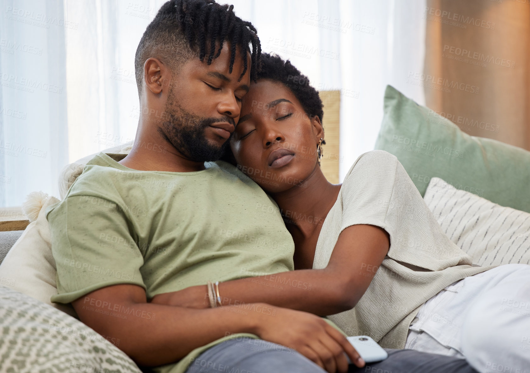 Buy stock photo African couple and sleeping together with hug on sofa for rest, relax and bonding in living room. Relationship, man and woman in marriage with love embrace on couch for comfort, peace and support