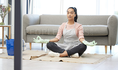 Buy stock photo Living room, clean and woman with yoga, lotus and breathing exercise on a floor during housework at home. Cleaning, break and woman in meditation in lounge for balance, zen and mental health wellness