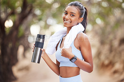 Buy stock photo Fitness, running and portrait of woman with water in park for training, break or hydration after cardio in nature. Sports, liquid and thirsty runner in forest with body, recovery or health drink