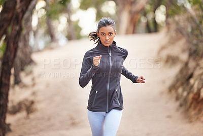 Buy stock photo Woman, jog and fitness in forest for exercise, cardio training  and wellness in outdoor activity. Athlete, serious and active for workout challenge for health or wellbeing in summer on mockup