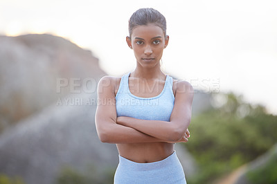 Buy stock photo Woman, fitness and portrait in city for exercise, cardio training and wellness for outdoor activity. Indian athlete, serious and confident for workout, gym or health for wellbeing in urban on mockup