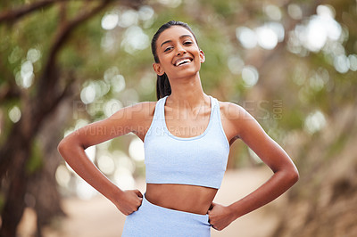 Buy stock photo Woman, portrait and happy athlete in nature, runner and body wellness or health in forest for cardio workout. Sports, exercise and outdoor for vitality, sportswear and confident for training goals