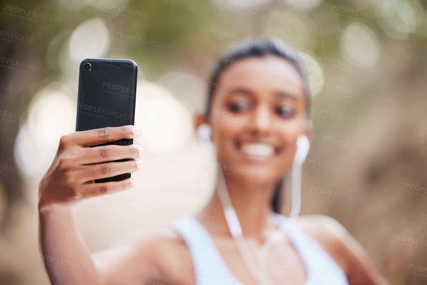 Buy stock photo Fitness, selfie and woman hand in park for training, profile picture or running photography in nature. Sports, smartphone and health influencer in forest for live streaming, blog or content creation